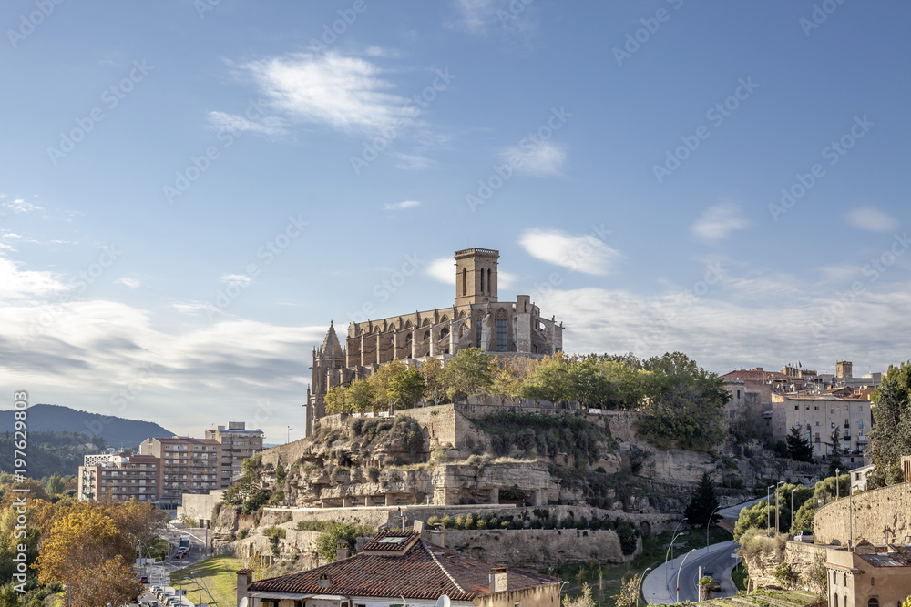 General view of the catalan city of Manresa with cathedral or La Seu in center, province Barcelona, Catalonia, Spain.