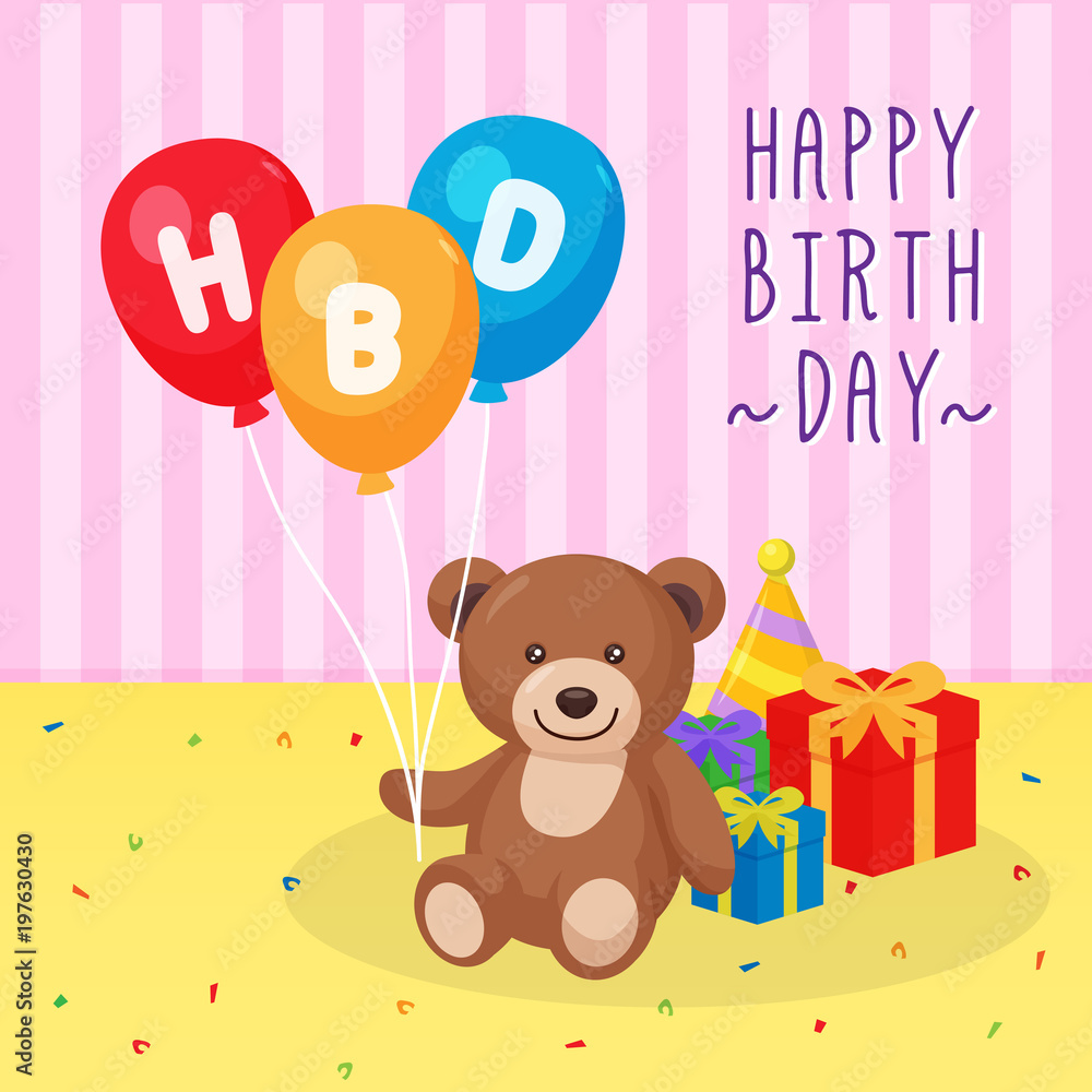 Fototapeta premium Bear Doll holding Happy Birthday Balloon beside the Gift Box in Party.