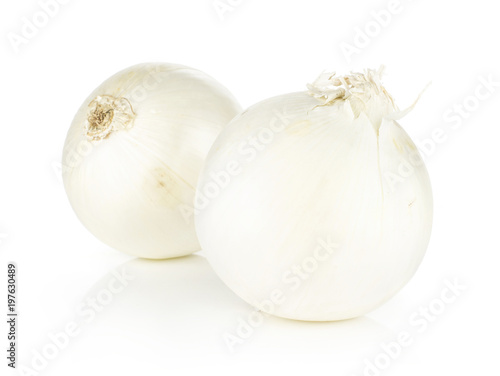 White onion two shiny fresh pearls isolated on white background.