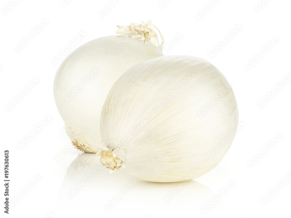 Fototapeta premium Two white onions fresh pearls isolated on white background.
