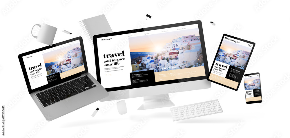 office stuff and devices floating with travel blog website office stuff and devices floating with travel blog website