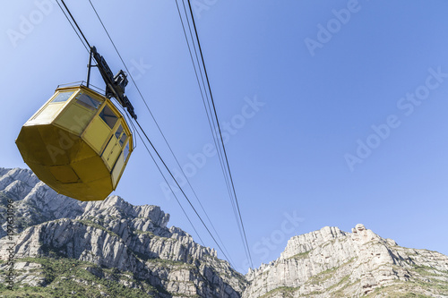 Rock formations and cabin of Aeri de Montserrat, aerial cable car with provides access to the Montserrat mountain and abbey,Montserrat, Catalonia.Spain.