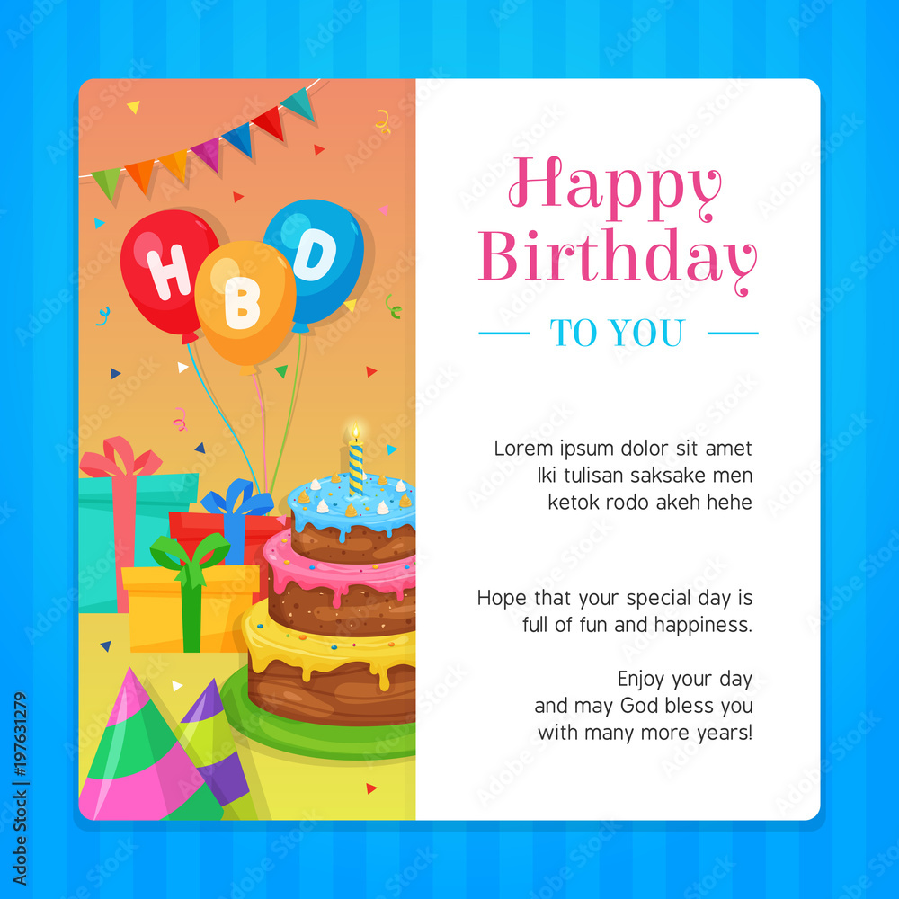 Happy Birthday Modern Invitation Card template with Birthday Cake, Balloon and Gift Box Illustration.