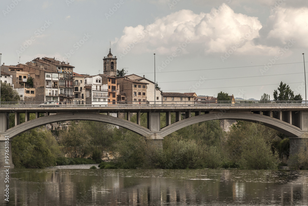  Village view, bridge and Ter river in Roda de Ter, Osona comarca region, province Barcelona, Catalonia.Spain.