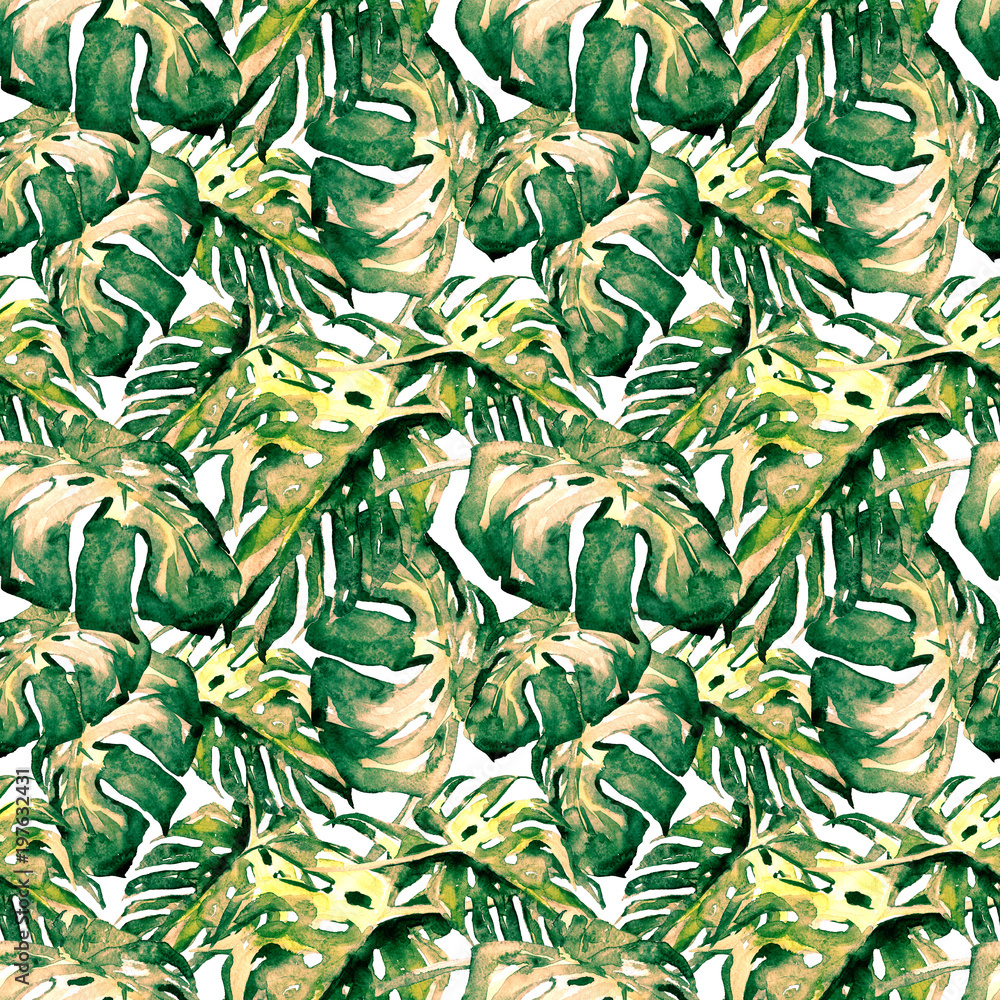 Obraz premium Watercolor Seamless Pattern. Hand Painted Illustration of Tropical Leaves and Flowers. Tropic Summer Motif with Liana Pattern.