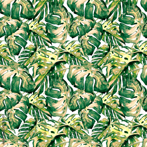 Watercolor Seamless Pattern. Hand Painted Illustration of Tropical Leaves and Flowers. Tropic Summer Motif with Liana Pattern.