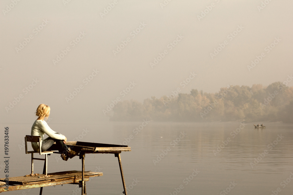 bridge river woman wooden sunrise fog travel meditation reflection thought