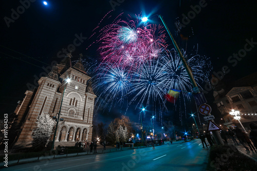 Fireworks near the Orthodox Cathedral in Timisoara on the occasion of Romanian National Day