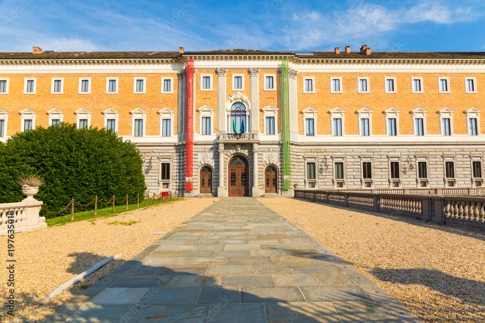 Facade of the galleria sabauda, archeological museum in Turin italy