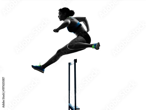 one african runner running hurdlers hurdling woman isolated on white background silhouette photo