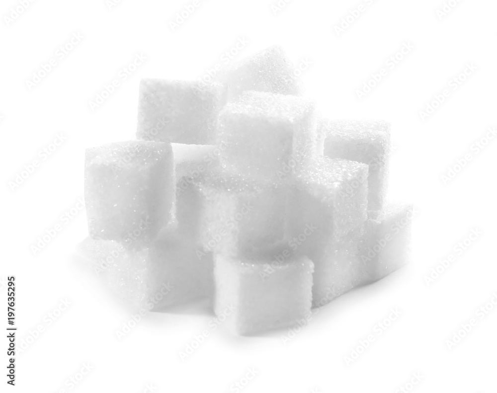 Pile of refined sugar cubes on white background Pile of refined sugar cubes on white background