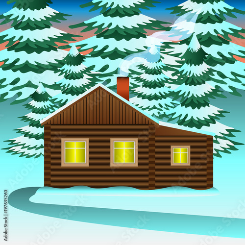 winter house in spruce forest