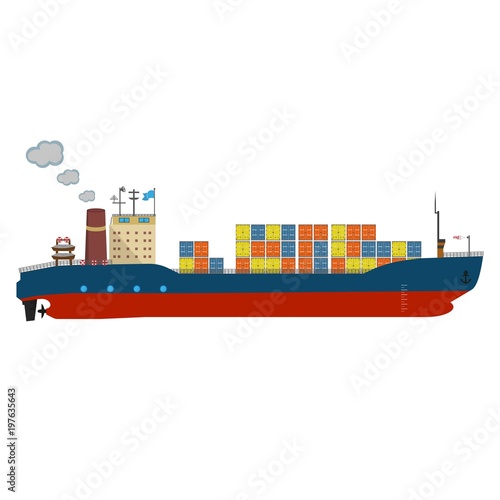 Container ship in export and import business and logistics. Shipping cargo to harbor by crane. Water transport International. Vector illustrated icon with solid and flat color style design.