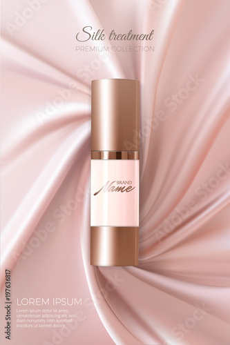 Advertising poster for cosmetic product for catalog, magazine. Vector design of cosmetic package. Advertising of tonal cream, concealer, base. Nutritious cream, gel, body lotion with protein of silk.