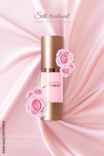 Advertising poster for cosmetic product with rose for catalog, magazine. Vector design of cosmetic package. Perfume advertising poster.Moisturizing toner, cream, gel, body lotion with rose extract .