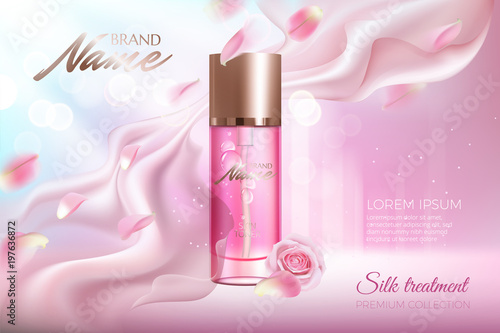 Advertising poster for cosmetic product with rose for catalog, magazine. Vector design of cosmetic package. Perfume advertising poster.Moisturizing toner, cream, gel, body lotion with rose extract .