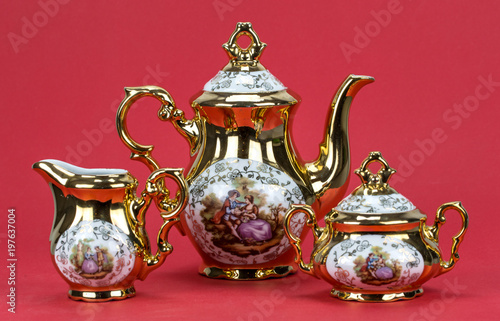 tea porcelain set on a red background
