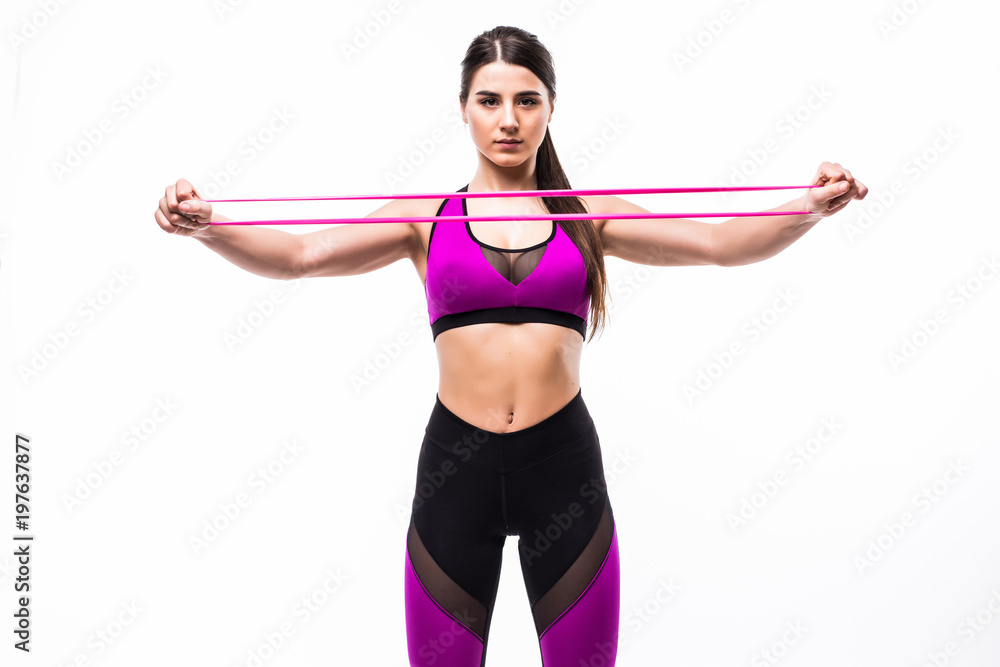 one caucasian woman exercising fitness resistance bands in isolated on white background one caucasian woman exercising fitness resistance bands in isolated on white background