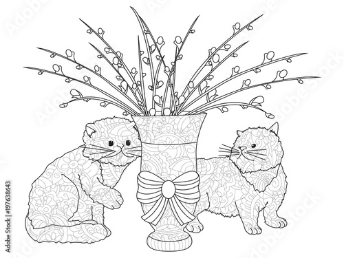 Fluffy pussy willow bouquets, two kittens. An arrangement in the vase. Anti stress coloring, vector
