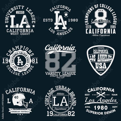 Los Angeles, California typography. Set of athletic print for t-shirt design. Graphics for sport apparel. Collection of tee shirt badge. Vector illustration.