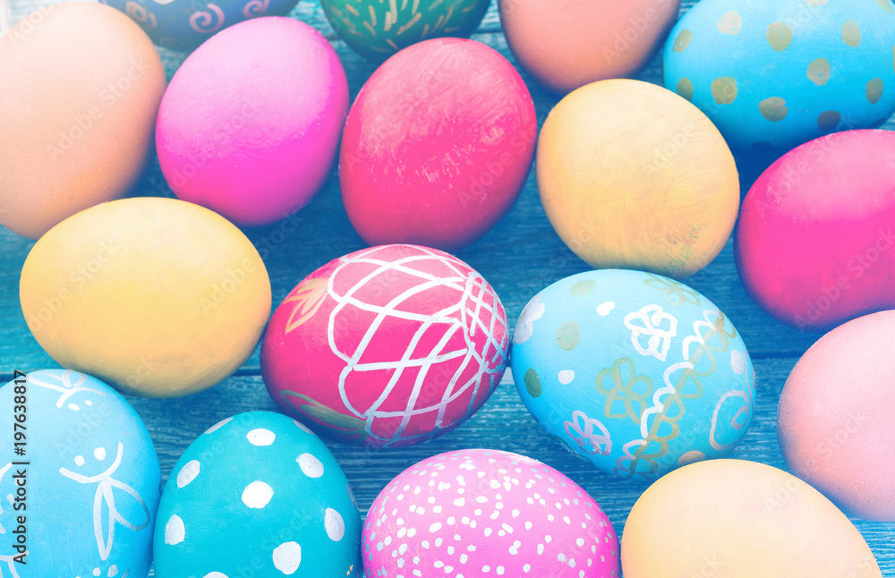 Background of colorful Easter eggs. Happy Easter.  vintage style