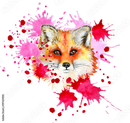 Watercolor painterd illustration cute fox and abstract splashes © Zulfiyakhon