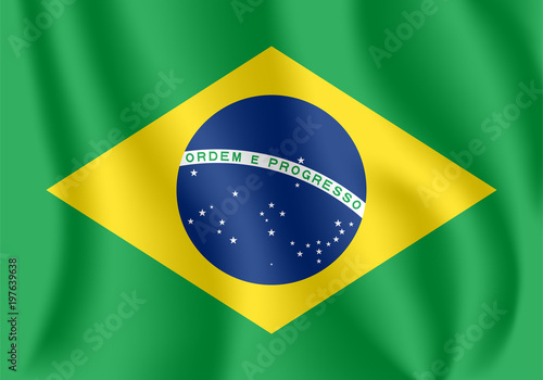 Flag of Brazil. Realistic waving flag of Federative Republic of Brazil. Fabric textured flowing flag of Brazil.
