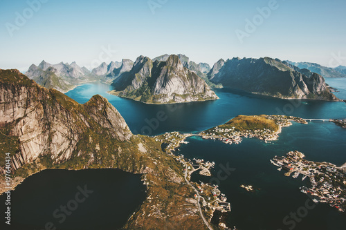 Fototapet Norway Landscape Reinebringen mountain aerial view Lofoten islands Travel scener