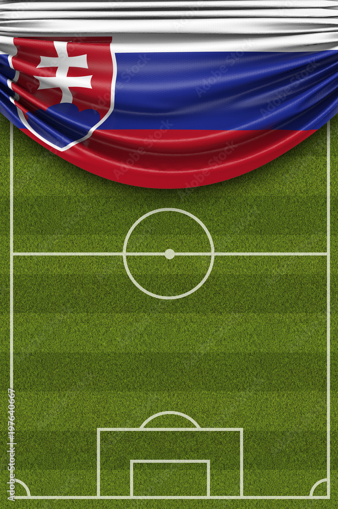 Fototapeta premium Slovakia country flag draped over a football soccer pitch. 3D Rendering