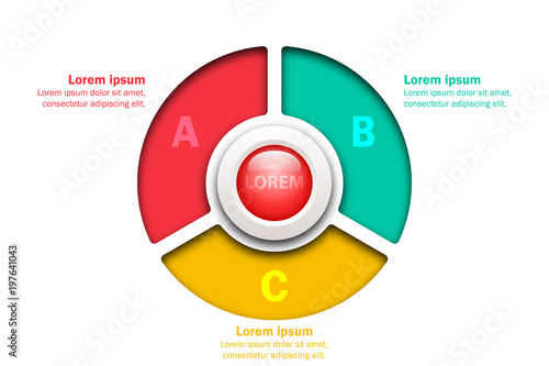 Three topics colorful chart in paper cut style with marble circle in center for website presentation cover poster vector design infographic illustration concept