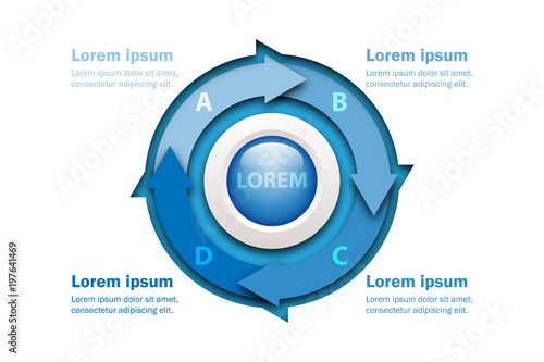 Four topics blue arrow chart in paper cut style with marble circle in center for website presentation cover poster vector design infographic illustration concept