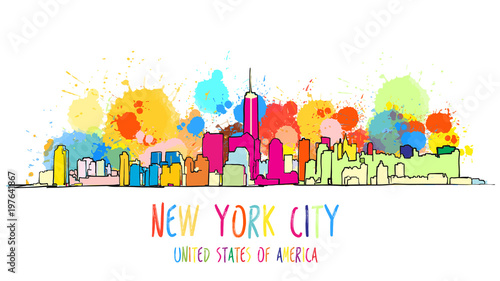 Colorful New York City Skyline Drawing.