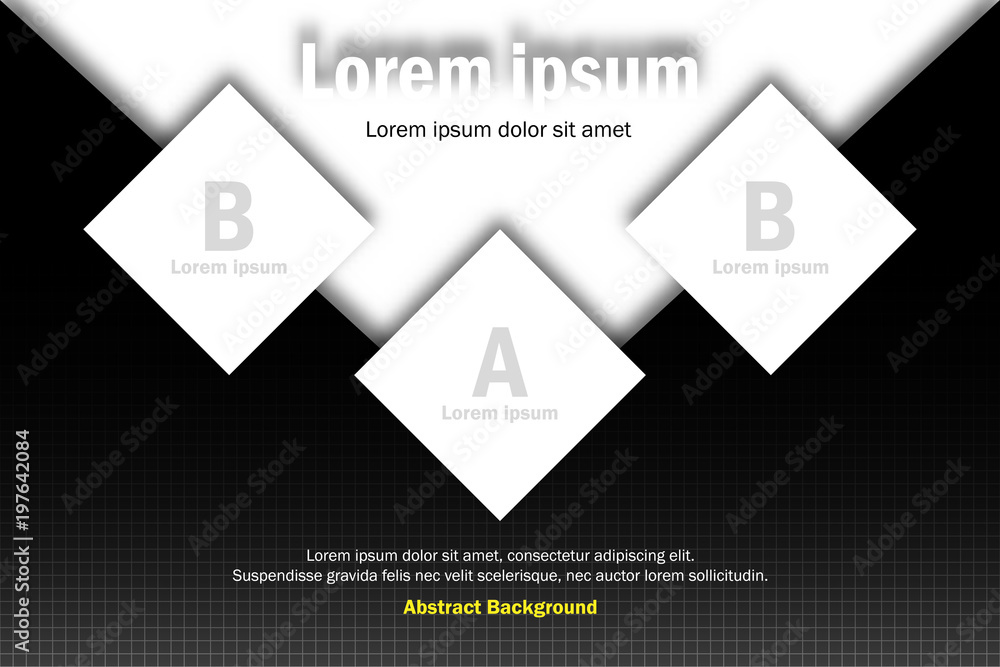 Business infographics presentation with white 3 square topics on black and white background for vector graphic idea design concept Business infographics presentation with white 3 square topics on black and white background for vector graphic idea design concept