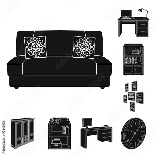 Furniture and interior black icons in set collection for design. Home furnishings vector isometric symbol stock web illustration.