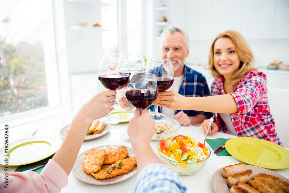 Portrait of stylish, attractive, cheerful senior couple enjoying dinning with children in house, apartment clinking glasses with red wine, alcohol, having appetizing dishes on the table