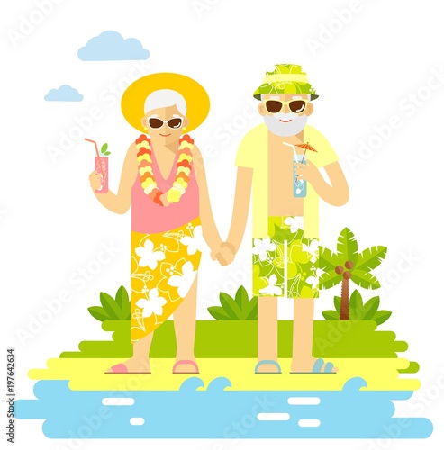 Summer vacation of elderly people concept. Old couple standing together on tropical beach. Senior man and woman recreation.