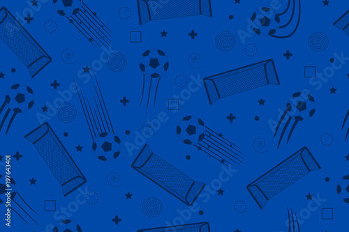 Football seamless background for soccer tournament. Soccer blue backdrop with football elements for banner, poster. Vector illustration.