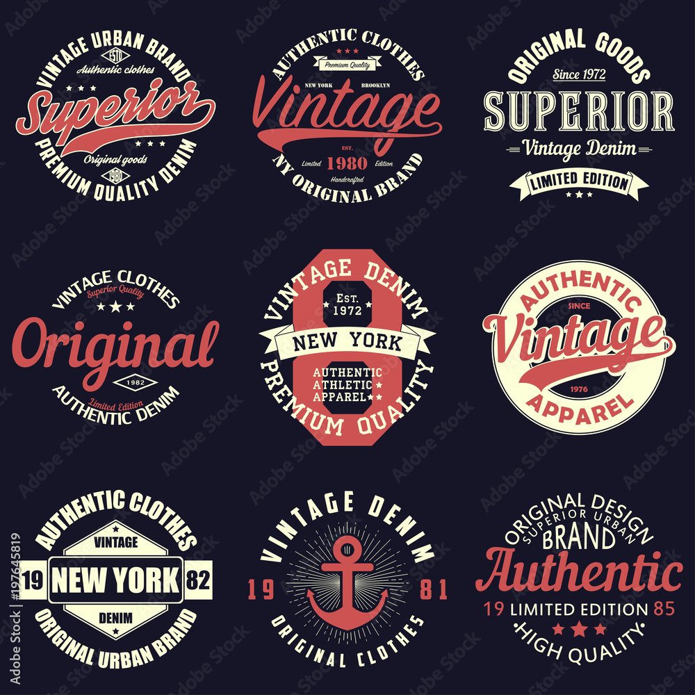 Vintage original typography set. Retro print for t-shirt design. Graphics  for authentic apparel. Collection of tee shirt badge. Vector illustration.  Stock Vector | Adobe Stock