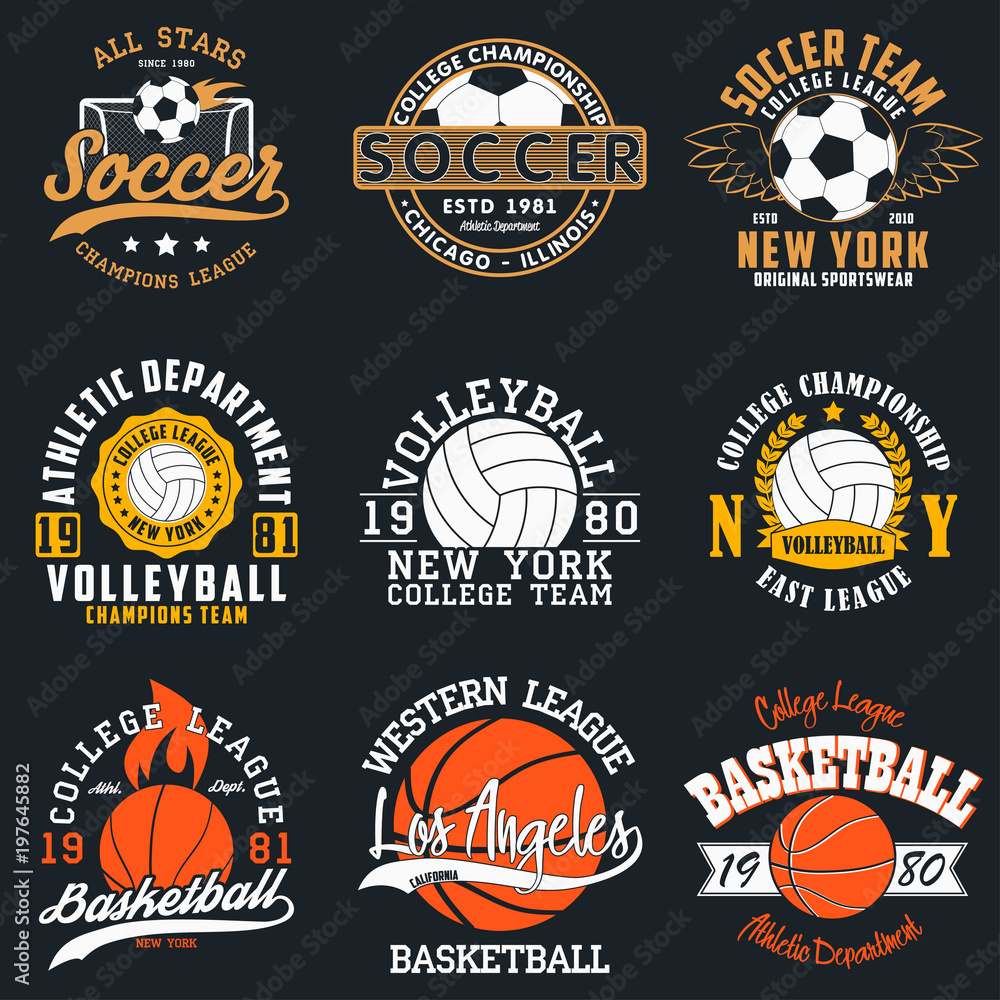 Sports game typography - soccer, volleyball and basketball. Set of athletic  print for t-shirt design. Graphics for sport apparel. Collection of tee  shirt badge. Vector. Stock Vector | Adobe Stock