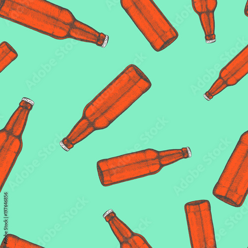 Beer bottles seamless pattern. Hand drawn illustration