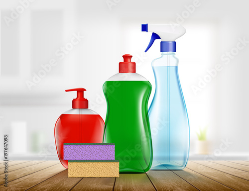Set of plastic packaging with detergent for cleaning