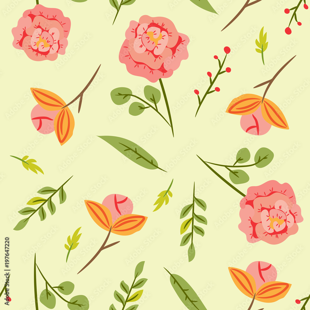 Seamless pattern with leaves and pink roses. Botanical floral backdrop. Flat  illustration.