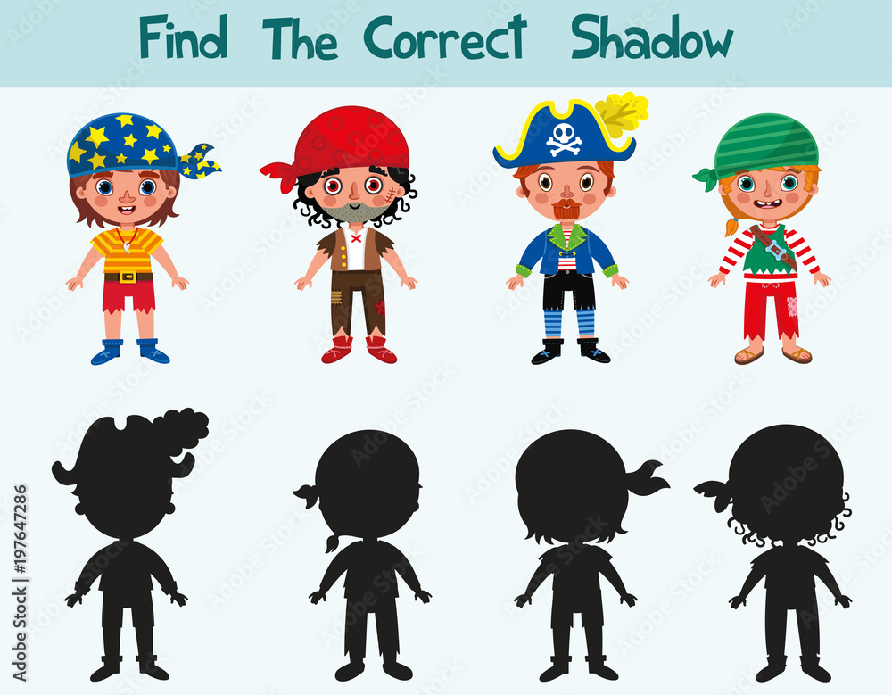 Find the correct shadow of pirates. Game with silhouettes for children. (Vector illustration) Find the correct shadow of pirates. Game with silhouettes for children. (Vector illustration)