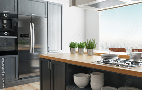 Cucina moderna di design minimal, luminosa con arredo, 3d render photo