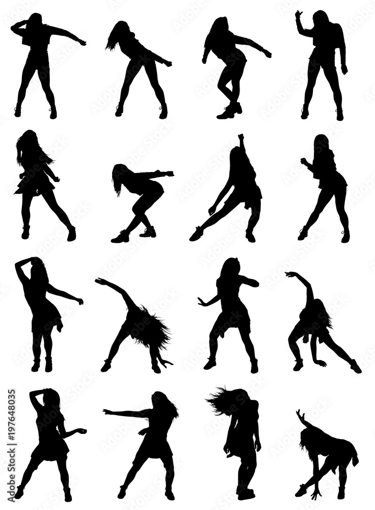 Highly detailed collection of woman poses dancing jazz dance silhouettes set. Easy editable layered vector illustration. 