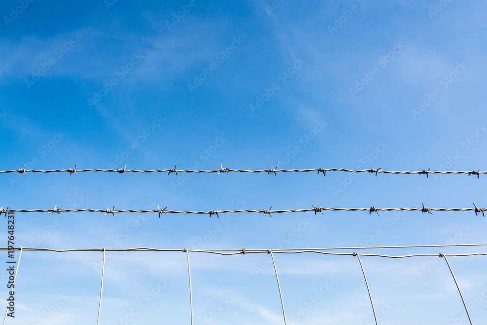 Barbed wire fence against blue sky with thin cloud - abstract background - 1 Barbed wire fence against blue sky with thin cloud - abstract background - 1