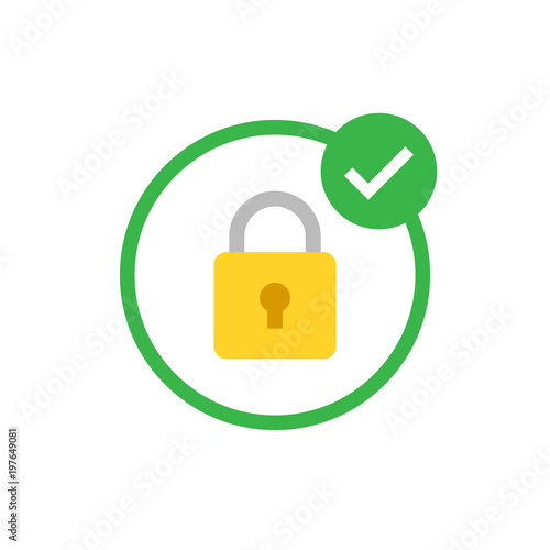 Security icon. Modern flat vector icon, Circle with padlock and check mark.