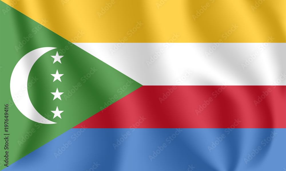 Flag of Comoros. Realistic waving flag of Union of the Comoros. Fabric textured flowing flag of Comoros. Flag of Comoros. Realistic waving flag of Union of the Comoros. Fabric textured flowing flag of Comoros.