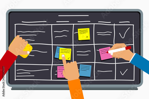 Planning board with sticky notes. Task board with table scheme and office schedule. Vector.
