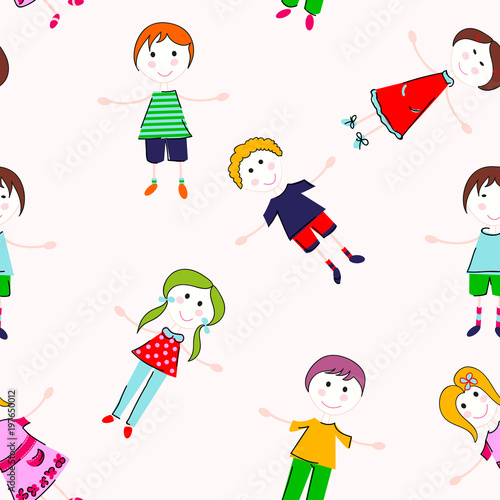 Kids seamless pattern. Hand draw seamless background with cheerful children.